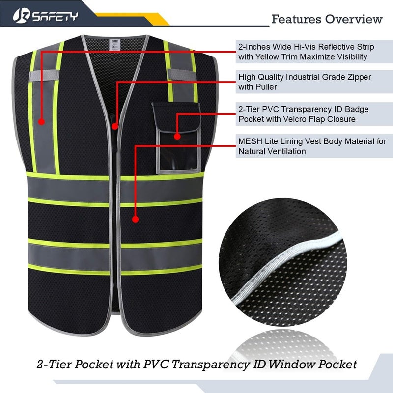 JKSafety Hi-Vis ANSI/ISEA Compliant Reflective Safety Vest for Construction High Visibility PPE for Men and Women Neon Color Safety Apparel for Works (099-Black, M) - Image 2